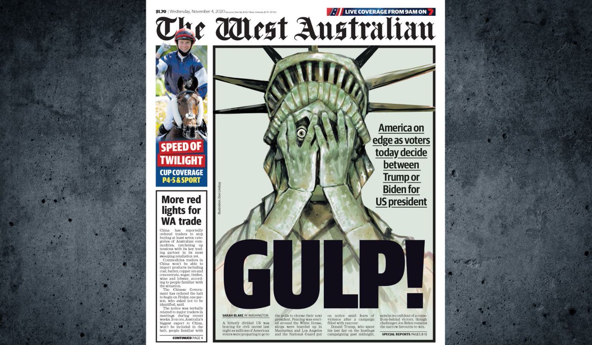 AnthDeCeglie's tweet photo. The front page of tomorrow's The West Australian #auspol #Election2020  #USElection2020 https://t.co/3ncAcKWGH0