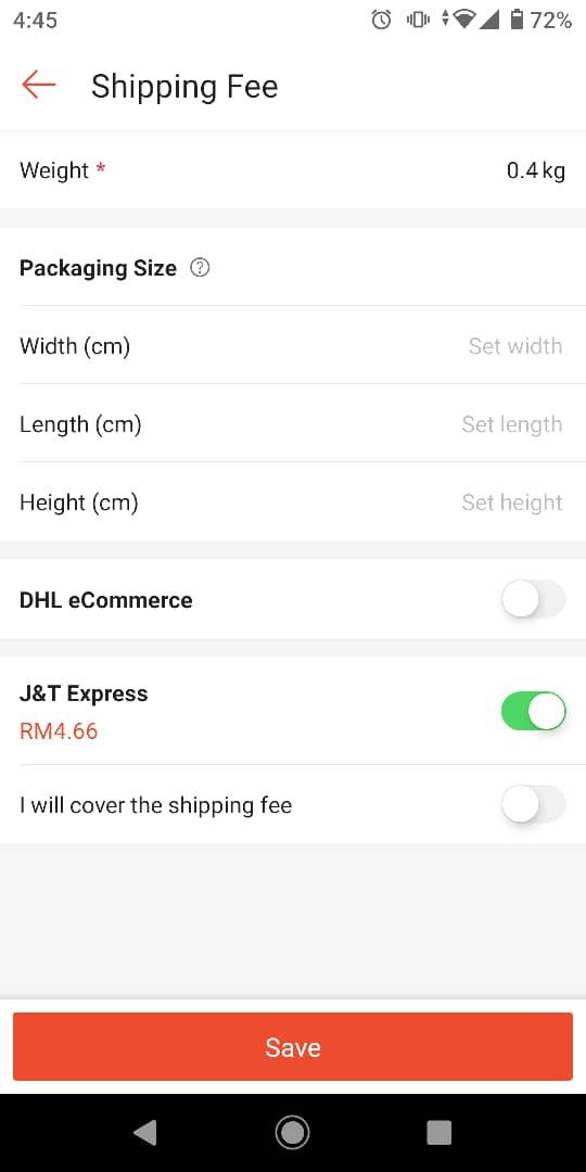 6. next is shipping. tekan shipping fee. i usually guna jnt. just letak weight nanti jnt akan bagi price dahh. anggaran saja. if ringan/sederhana letak below 1kg. if rasa beratt letak la >1kg.