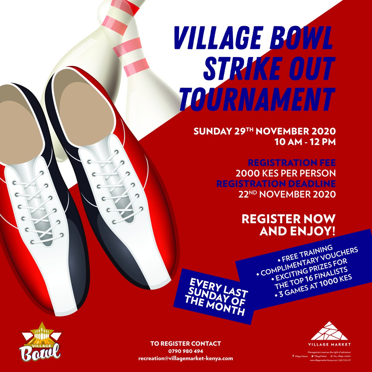 VillageMarket's tweet photo. Introducing the Village Bowl Strike Out Tournament π³ Strike out your plans every last Sunday of the month from 10am-12pm and join us for some competitive fun with exciting prizes for the top 16 finalists. See poster for details #VillageBowl #VMrecreation #StrikeOutTournament https://t.co/MAYBcJq9Ik