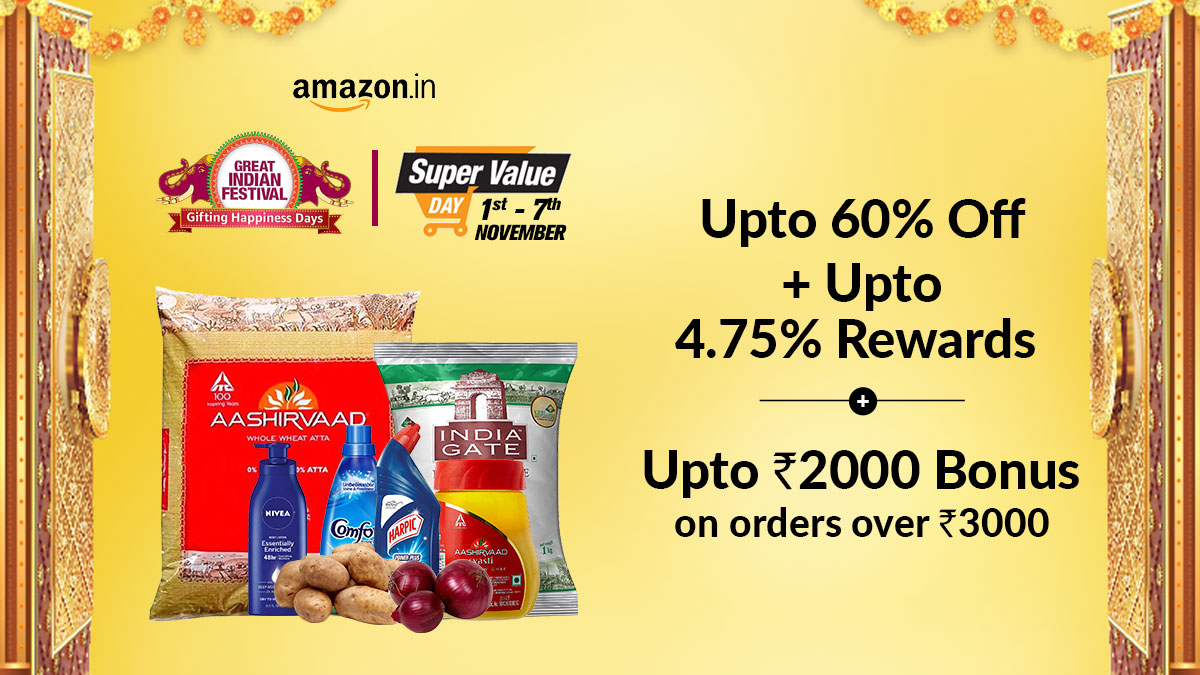 Cashkarocom's tweet photo. Amazon's #SuperValueDays are now live! Order all your essentials via CashKaro, get Exxxtra rewards &amp; bonus on top: https://t.co/zTTzlq1yGl
.
#CashKaro #AmazonIndia #grocery #pantry #essentials #YouGetMore #Rewards #savings #CashbackApp https://t.co/AaNAZYmqlx