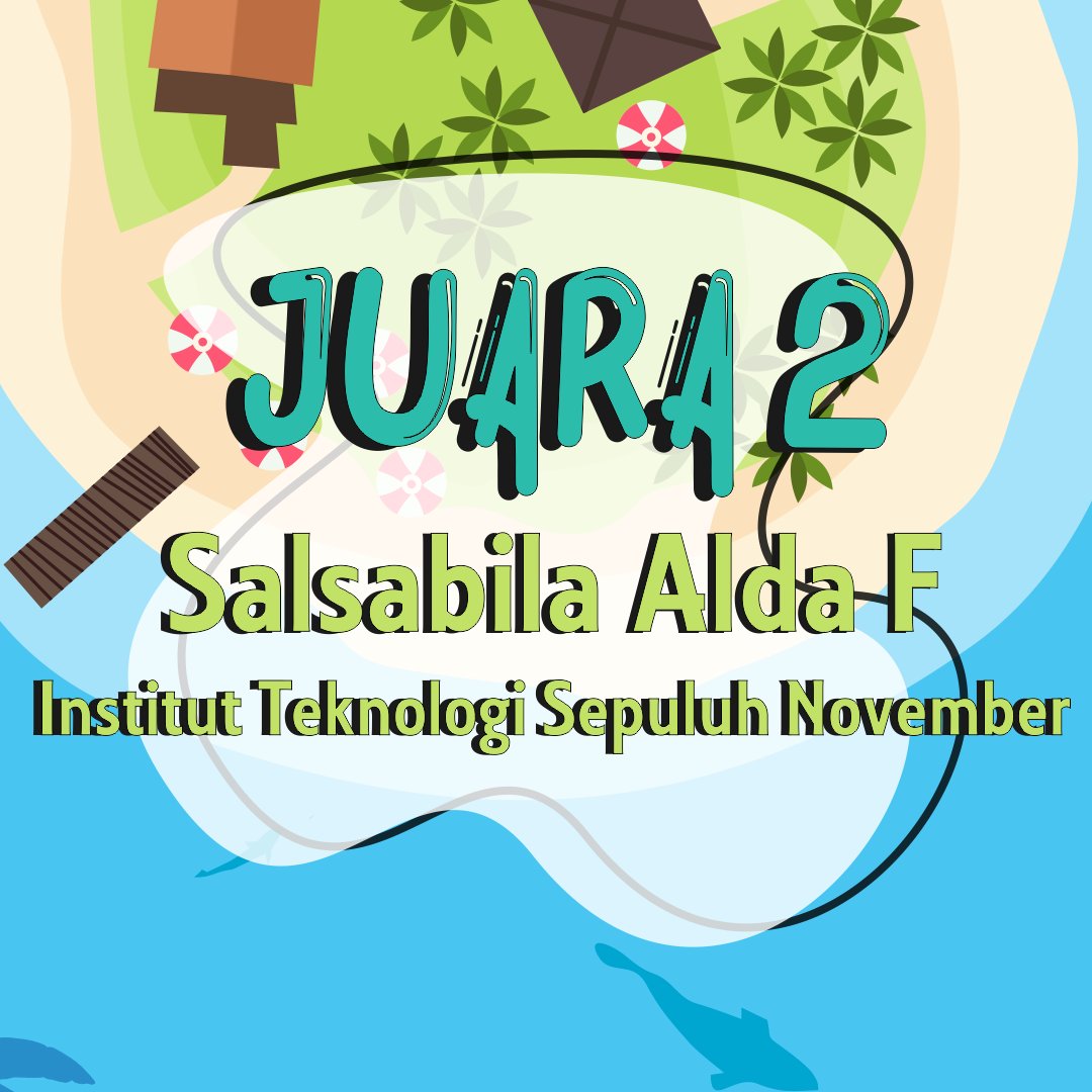 [PENGUMUMAN PEMENANG PIMPI 2020]

Pengumuman juara PIMPI 2020. 
JUARA 2
SALSABILA AIDA F
INSTITUT TEKNOLOGI SEPULUH NOVEMBER

Find Us:
Fb:PIMPI IPB 2020
Twitter:@pimpi_ipb
Instagram:@pimpiipb
Line: line.me/ti/p/%40vjl640…

#PIMPI2020
#forcesipb
#Pertanian4.0
#FORCESIPB
#Dandelion