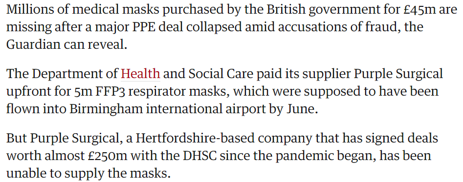 The Guardian reports we bought 5 million masks from Purple Surgical for £44.5m (a per unit price of £8.90 each).