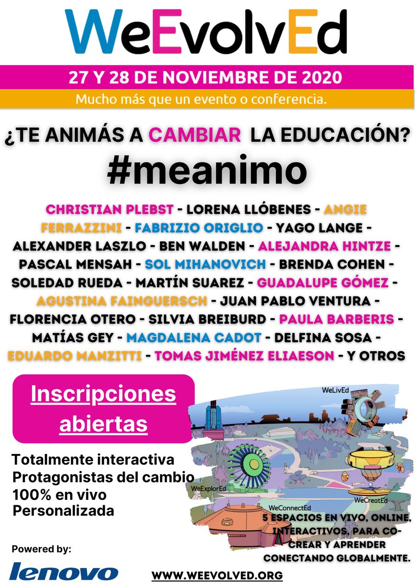 grshaid's tweet photo. ¡Ya está la agenda completa para WeEvolvEd! Los invitamos a ser protagonistas del cambio. https://t.co/0Da5piHhyT #meanimo @WeEvolv_Ed https://t.co/FIpEaJcJPA