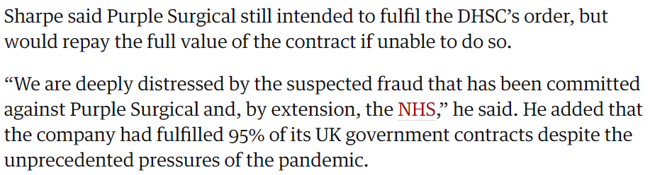 Purple Surgical's Chief Exec is promising to repay the £44.5m if the masks can't be supplied. But the last reported equity of the company is only ~£2m so it's not clear to me how that happens.