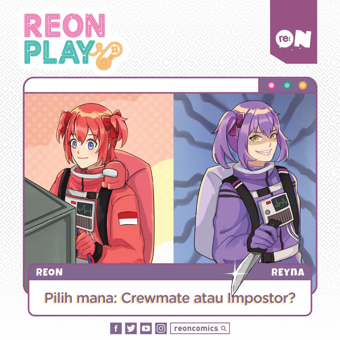 reoncomics's tweet photo. Reonites! Kembali lagi di #reONPlay!
Lebih suka jadi apa nih di #AmongUs?
#Crewmate atau #Impostor ? https://t.co/lLkLR1yPk2