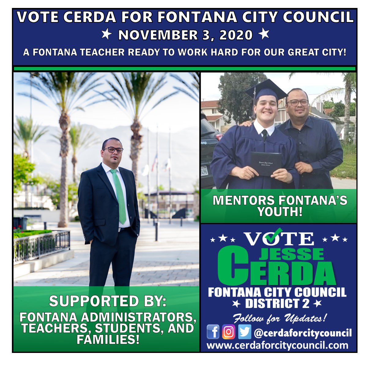 Don’t forget to vote today!  If you live in Fontana I ask that you please support my campaign and vote Jesse Cerda for Fontana City Council! #cerdaforcitycouncil
cerdaforcitycouncil.com
