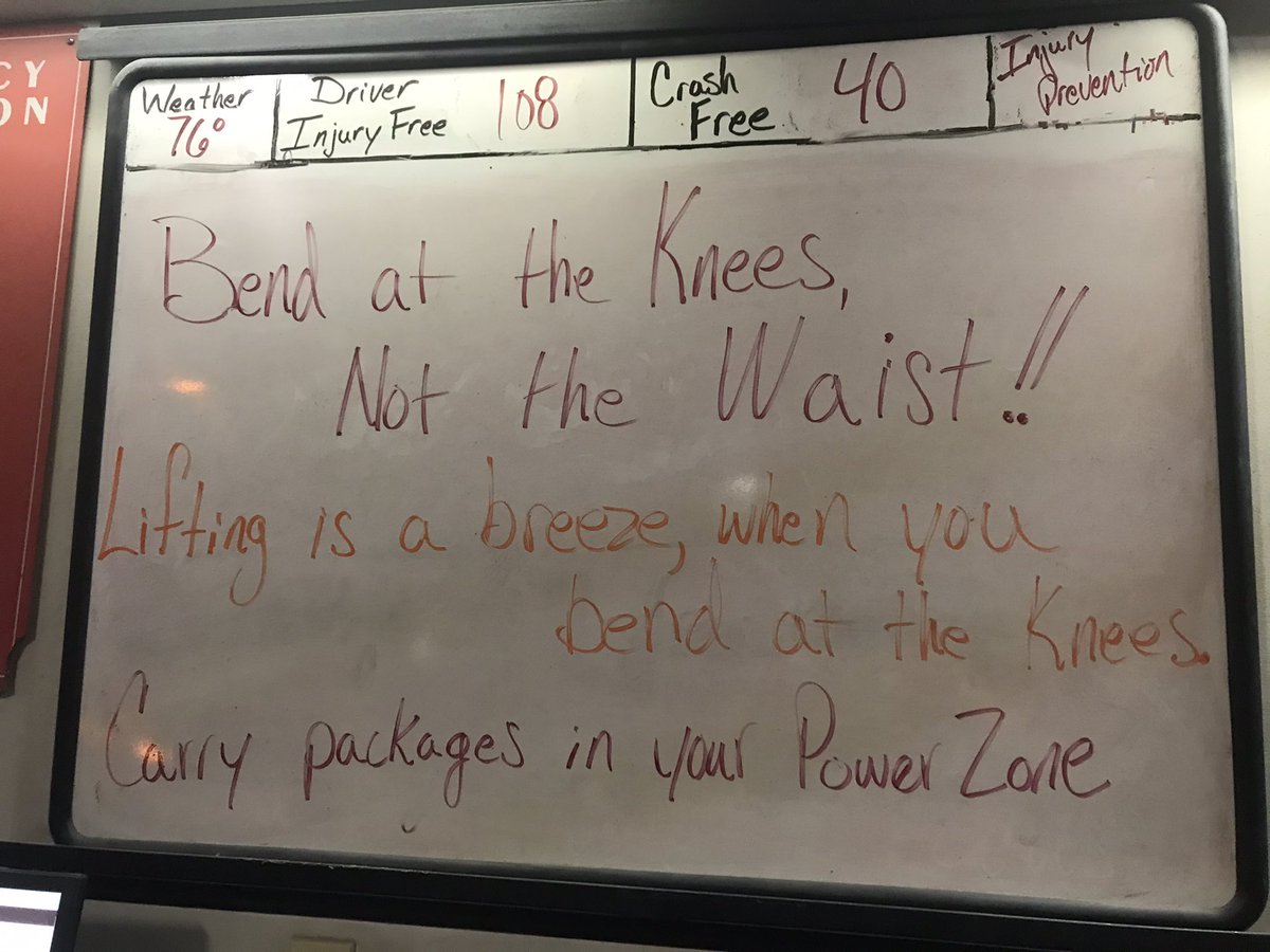 Tuesday is injury prevention day in Topeka. Lifting is a breeze, when you bend at the knees!!! Bend at the knees not the waist. @EbertBrock @drdavisups @chipcook4 @CP_UPSers @marc_peeler @ExperienceUPS @sdaniels3ups