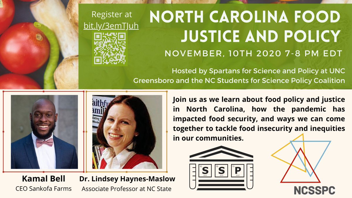 #COVID19 has made it tough to keep food on the table and highlighted inequities in food availability. Join SSP on Nov. 10th from 7-8 pm EDT as we explore food justice and policies in #NC shaping the future of food in our state and beyond. 

Register here go.uncg.edu/qj85xr
