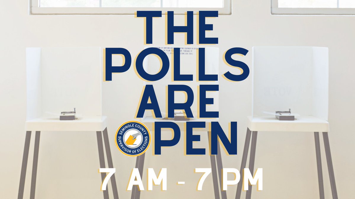 VoteSeminole's tweet photo. The polls are open 7 am - 7 pm today, Seminole County! Get out and Vote! Make sure to check your designated Polling Location at the link below! #VoteSeminole #Vote #ElectionDay
https://t.co/59nooyL07L https://t.co/sUyhhfw3UB