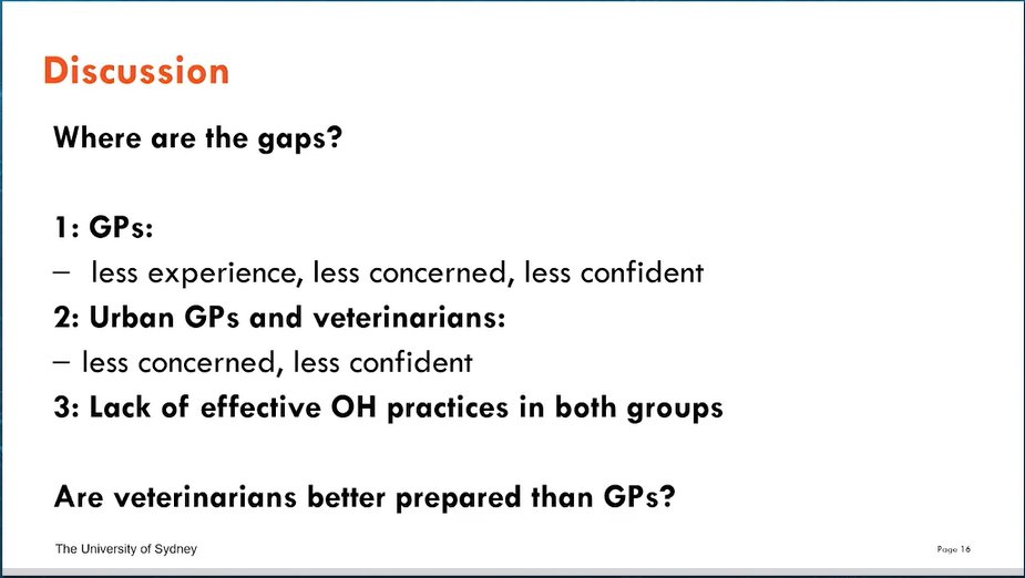 JaredKWA's tweet photo. Sandra Steele's talk '..knowledge, attitudes and practices of Australian general practitioners and veterinarians...' #WOHC2020

Highlights the need for more cross-sectoral engagement to bring the two communities together to establish #OneHealth pathways to disease preparedness https://t.co/U46CZPre03