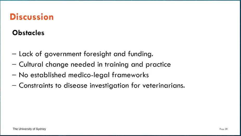 JaredKWA's tweet photo. Sandra Steele's talk '..knowledge, attitudes and practices of Australian general practitioners and veterinarians...' #WOHC2020

Highlights the need for more cross-sectoral engagement to bring the two communities together to establish #OneHealth pathways to disease preparedness https://t.co/U46CZPre03