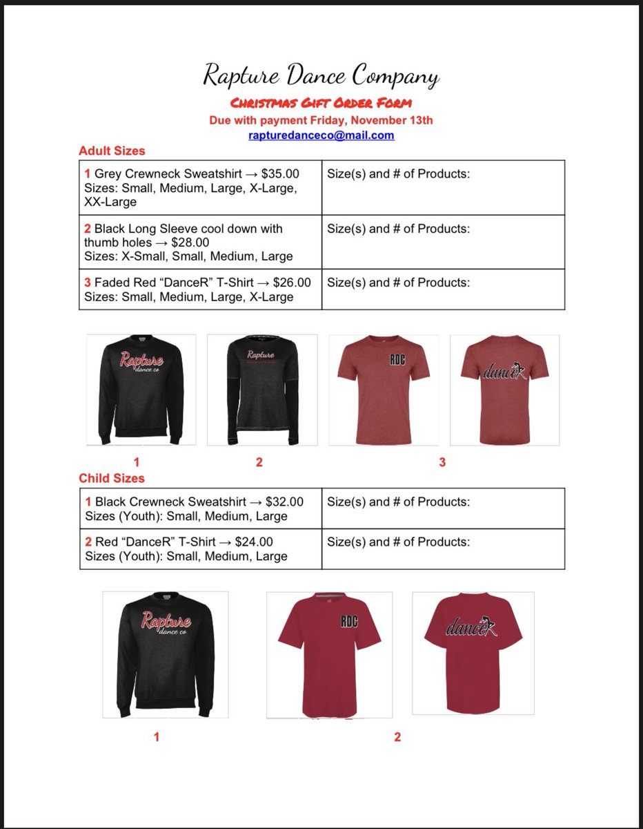 rapturedanceco's tweet photo. Interested in RDC spirit wear for your dancer this upcoming Holiday season? Check out our order form! With possible stocking stuffers or gifts, we have many options to choose from! ❄️🎄⛄️🎅🏼

Order forms will be due back with payment on Friday, November 13th. https://t.co/upvGDrQ2ri