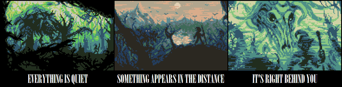 Drac9AntiChapel's tweet photo. I placed 9th in @pixeljoint 's #pixelween2020 ! Attached are my two entries -- the green-heavy one series set in the forest is the one that won. It was a great month of #pixelart challenges and I can't wait for the next one! https://t.co/Nb0oGuMxlQ