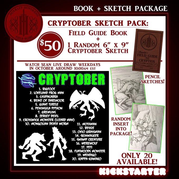 SeanForneyArt's tweet photo. Scarlet’s Field Guide to Cryptids and Other Creatures has 9 days left. https://t.co/zBmjMfg5tF
Check out the #Cryptober sketch package.
#ScarletHuntress #promotecomics #promotehorror https://t.co/DknUzIBe5r