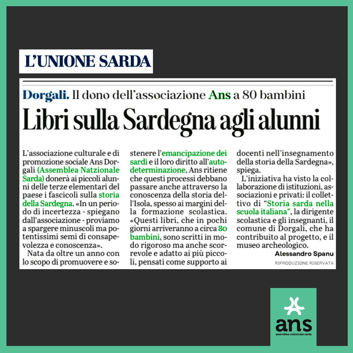 assembleasarda's tweet photo. Oe s'@UnioneSarda faeddat de nois📰
In #Durgali e #Gonone, unu passitu pro sa difusione de s'istòria sarda in is iscolas nostras!👩🏻🏫
Oggi l'@UnioneSarda parla di noi📰
A #Dorgali e #CalaGonone un primo passo per la diffusione della storia della #Sardegna nelle nostre scuole!👩🏻🏫 https://t.co/yrZfcP2sSU