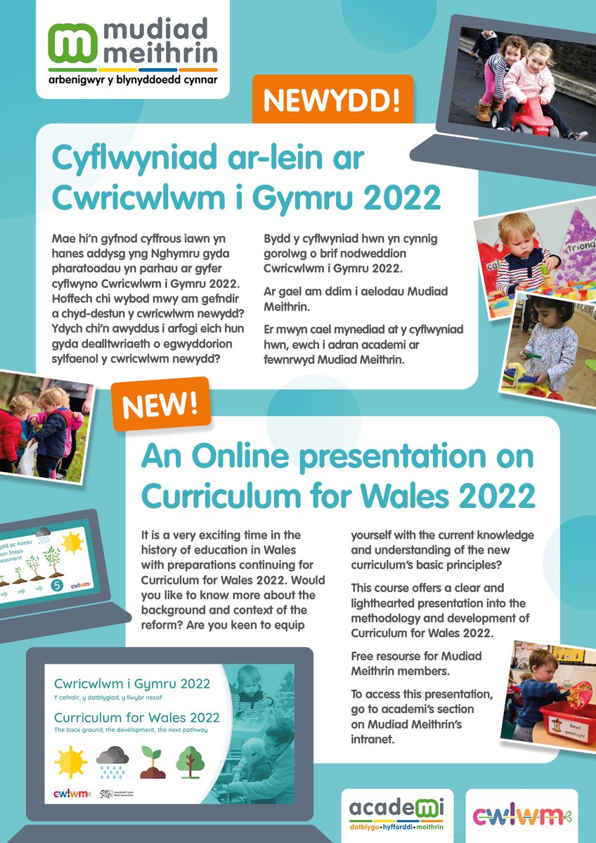 MudiadMeithrin's tweet photo. 🗣 Cyflwyniad ar-lein NEWYDD! 🗣
Cefndir a gorolwg cryno o brif nodweddion Cwricwlwm i Gymru 2022. Addas i bawb sydd eisiau gwella eu dealltwriaeth o egwyddorion sylfaenol y cwricwlwm.
Am fynediad, ewch i adran cyrsiau ar-lein Academi ar fewnrwyd Mudiad Meithrin #AcademiAdref https://t.co/s9DYqCe4h3