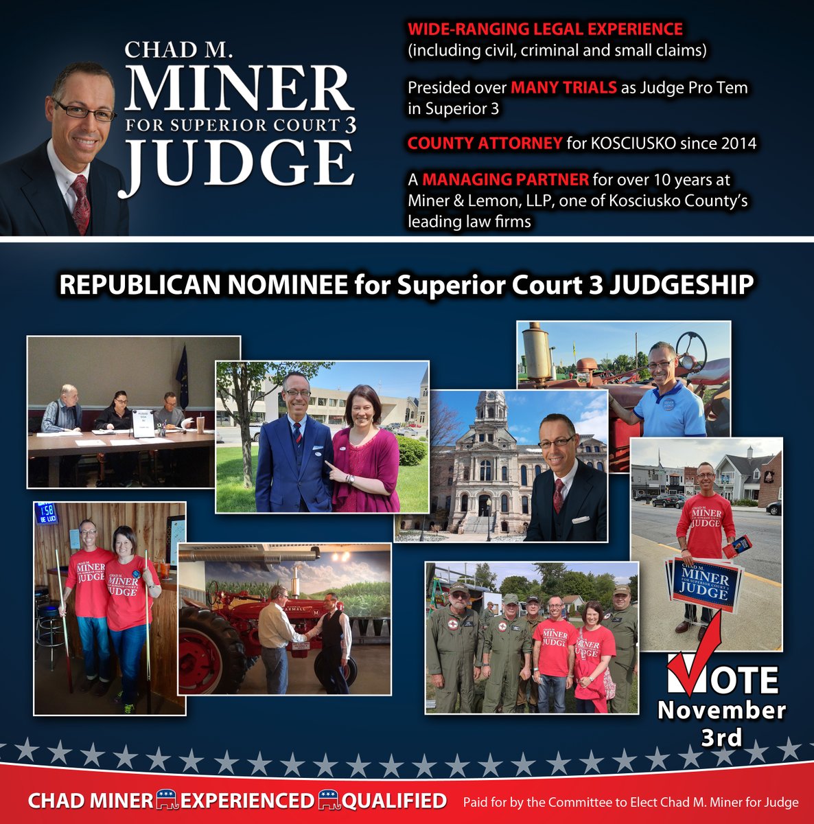 MinerJudge's tweet photo. PLEASE RETWEET THIS POST!

CHAD MINER. EXPERIENCED. QUALIFIED.

Chad’s experience serving on both sides of the bench would enable him to hit the ground running from DAY 1.

VOTE Chad MINER FOR JUDGE of Superior Court 3 on November 3rd.

#ChadMinerForJudge #Campaign2020 https://t.co/Dy0kwrYyx0