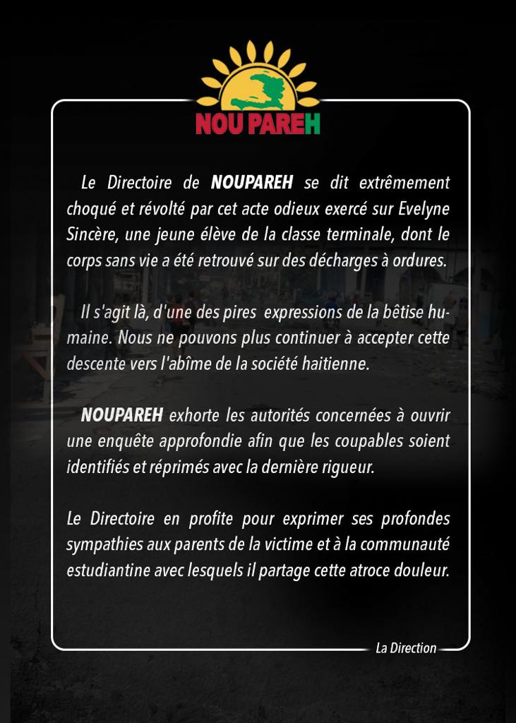 noupareh's tweet photo. Le Directoire de NOUPAREH se dit extrêmement choqué et révolté par cet acte odieux exercé sur #EvelyneSincere @moisejovenel @robbygeff @pnh_officiel @UNICEFHaiti @lemichelht @nouvelliste @ValNuma @RTVCHAITI @MJSPHaiti @LoopHaiti @juno7 @papposthaiti @Haiti24_ https://t.co/fqQ3ckDi3J