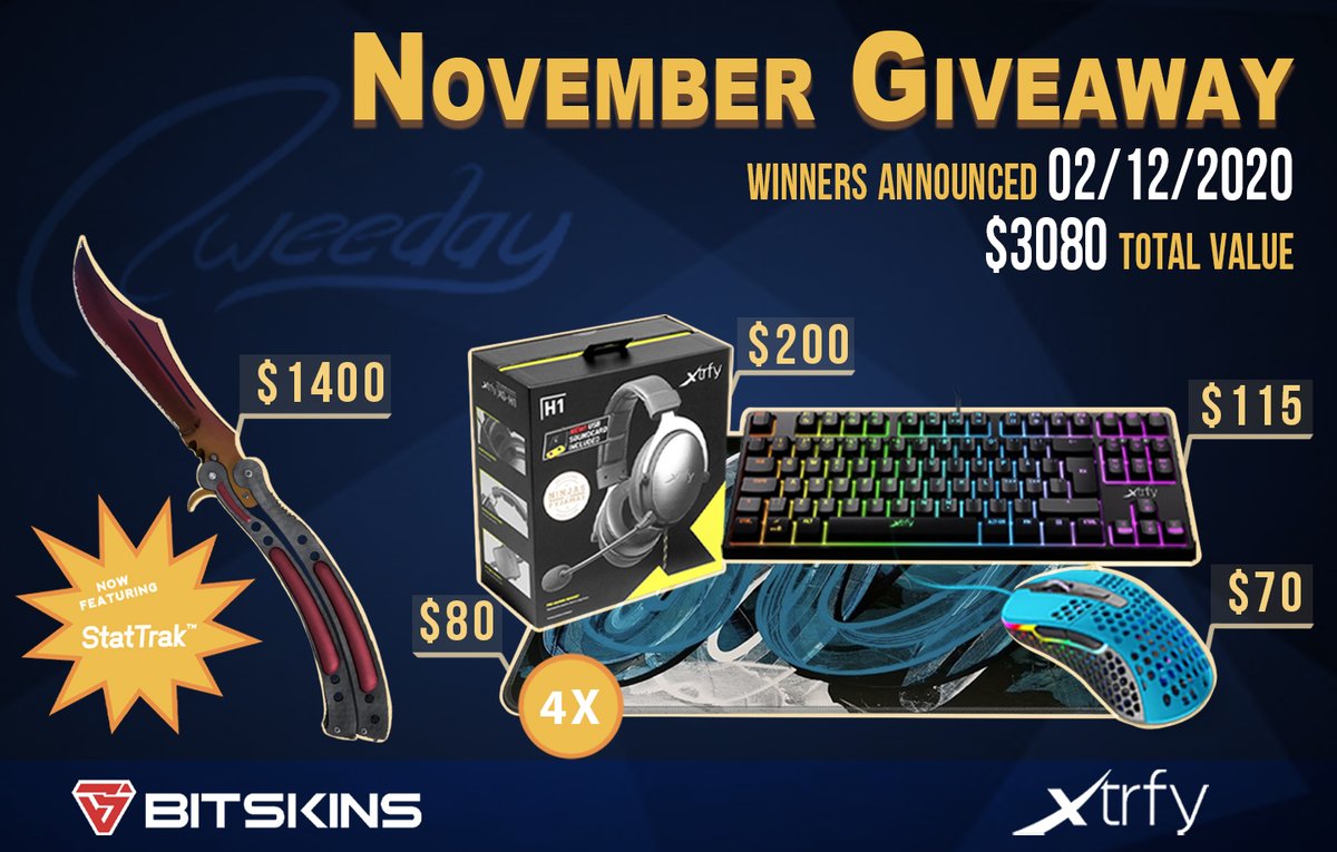 ‼️ November 2020 Giveaway ‼️ 1⃣ $1400 CS:GO Knife (StatTrak Butterfly Knife Fade FN): bit.ly/tweenov20 4⃣ $420 Xtrfy Bundles: xtrfy.com/mousepads - RT + FOLLOW - Reply with what prize you want🙂 Enter here 👉bit.ly/tweenov20 #ad