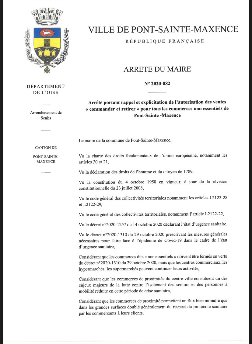 ADUMONTIER60700's tweet photo. J’ai signé et diffusé à mes collègues maires l’arrêté que mes services ont préparé. Il rappelle les modalités du « cliquer et commander » qui est autorisé pour tous les commerçants même non essentiels. En français, car je n’ai pas pour ambition de vendre la France à Amazon (1/2). https://t.co/xNRLblmut0