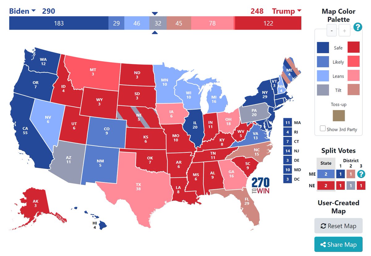 1. Plausible Biden victory: He wins the "Blue Wall", and several of the toss-ups. Thanks to voter suppression and some "shy Trump" voters, NC and FL (and other purple states) remain just out of reach.