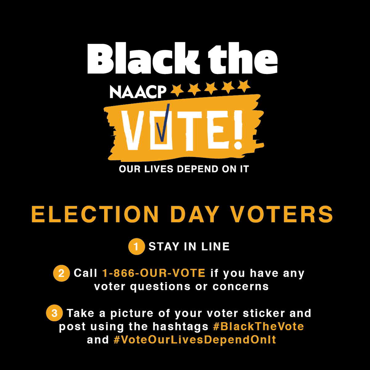 NAACP's tweet photo. The polls are open, it's time to go VOTE! 

Be sure to take a selfie with your election sticker after you've cast your ballot and post using the hashtags #BlacktheVote and #VoteOurLivesDependOnit 

We are counting on YOU! Let's do this! https://t.co/Yze06bqkBF