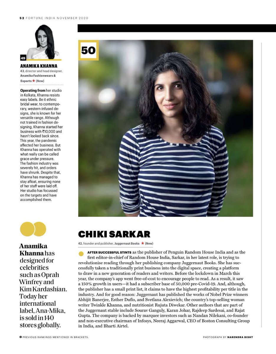 Chikisarkar's tweet photo. I never thought I’d be in ⁦@FortuneIndia⁩ most powerful women’s list making books and trying to get people to read! An honor. Thank you. ⁦@juggernautbooks⁩ https://t.co/IE2Sww7u07