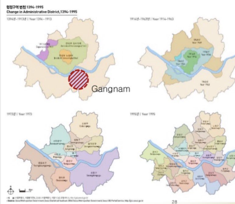 Tahun 1963, Seoul memperbesar area administratifnya untuk mengatasi masalah urbanisasi.Salah satunya ke Gangnam, Gang (강) artinya sungai, Nam (남) artinya selatan.