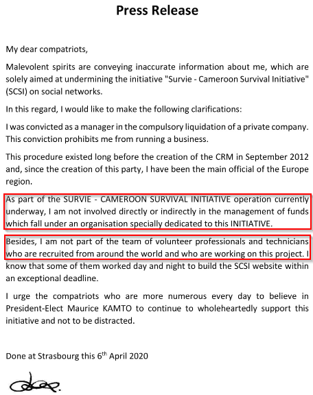 Suite à ce thread interpellant  @KamtoOfficiel au sujet de la coordination de l'opération "Survival Cameroon", l'1 des concernés s'était fendu d'1 communiqué (voir annexe). Suite au communiqué de  @EkokaPenda en annexe, je me demande ce qui n'aurait pas marché.  @ygwet  https://twitter.com/pkaj1/status/1246879188772163586