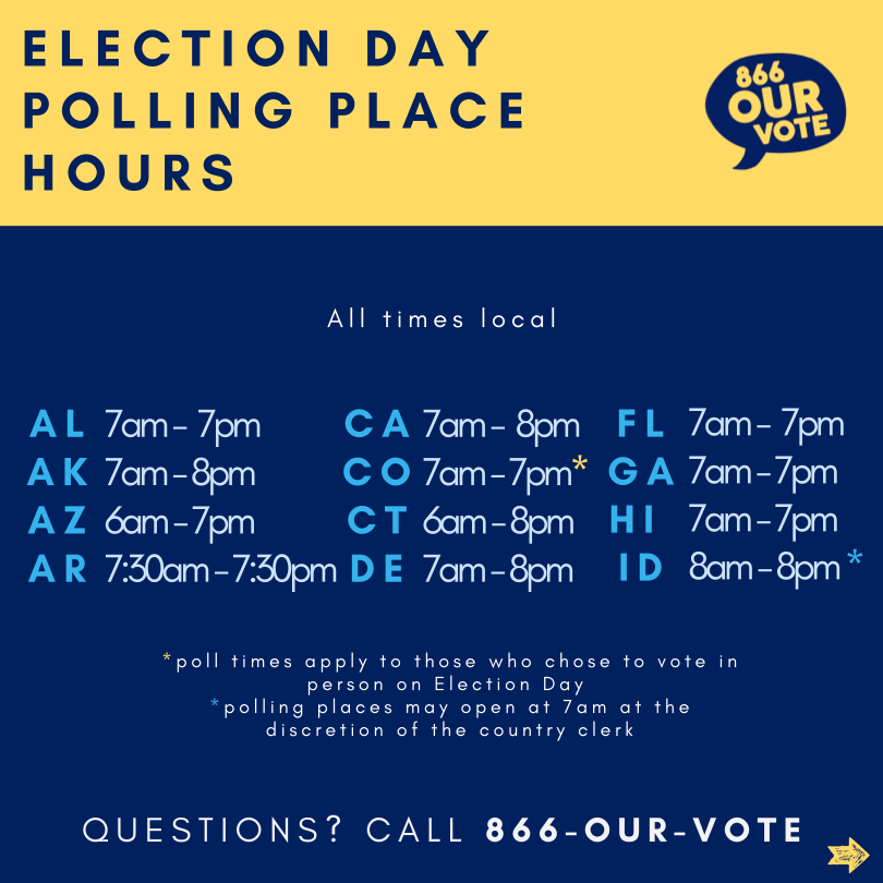 866OURVOTE's tweet photo. Find out when polls are open in your state! Call or text 866-OUR-VOTE (866-687-8683) if you need help finding your polling place. #ELECTIONDAY https://t.co/tb43qhhkwh
