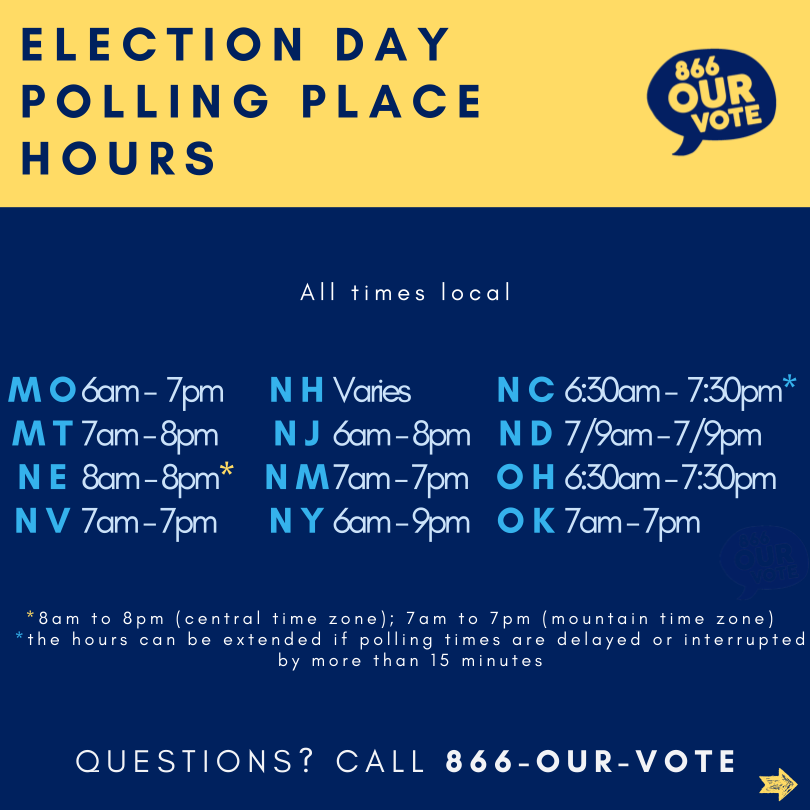 866OURVOTE's tweet photo. Find out when polls are open in your state! Call or text 866-OUR-VOTE (866-687-8683) if you need help finding your polling place. #ELECTIONDAY https://t.co/tb43qhhkwh