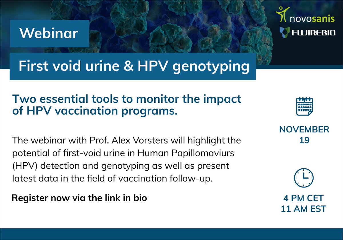 Novosanis's tweet photo. Novosanis and Fujirebio will host a webinar with Prof. Alex Vorsters on November 19 highlighting first-void urine & HPV genotyping. Register via this link: https://t.co/xfc37pt1Ia
#HPV #firstvoid #detection #cancer https://t.co/w66WFiPUhG
