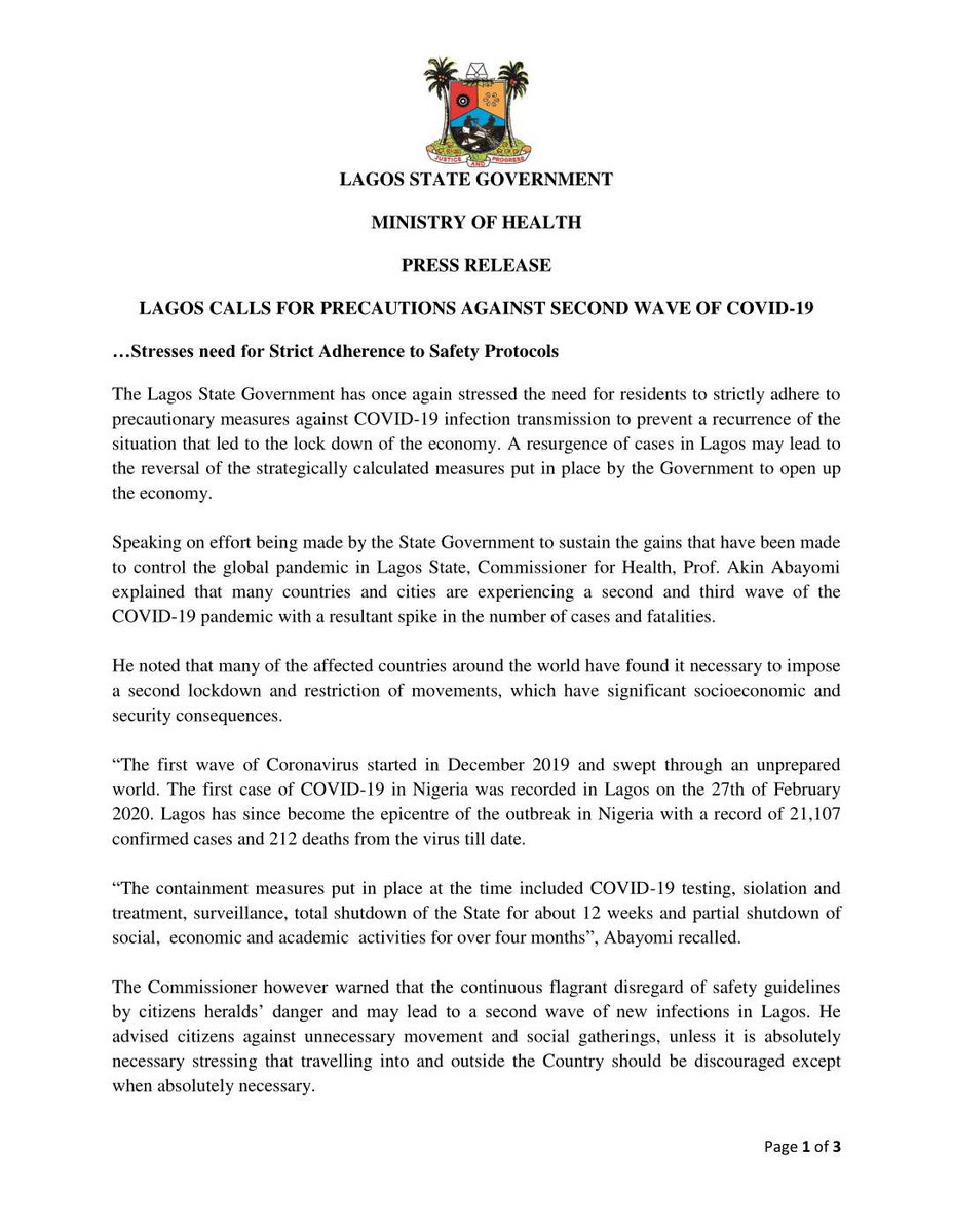 LSMOH's tweet photo. LAGOS CALLS FOR PRECAUTIONS AGAINST SECOND WAVE OF COVID-19

@followlasg
@jidesanwoolu
@drobafemihamzat
@ProfAkinAbayomi
@gbenga_omo
@SegsDr
@lagoshsc
@LagosPHCB
@LASUTHikeja
@LagosBiobank
@Oreoluwa_Finnih
@Mr_JAGss
@gboyegaakosile1
@WHONigeria
@UNICEF_Nigeria
@lagospedia https://t.co/GYLCo9WIuw