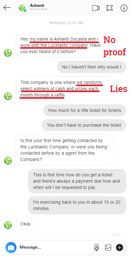 scamadviser's tweet photo. *Fake Raffle Winner Instagram Message*
We received an email from a follower wanting to know whether they had really won a raffle by Lucktastic. Remember Scam Rule #2 - If you won a prize without entering, it's a scam!
#RaffleScam #AdvanceFeeScam #InstagramScam @PlayLucktastic https://t.co/y45W24DQMt