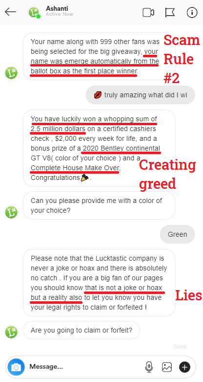 scamadviser's tweet photo. *Fake Raffle Winner Instagram Message*
We received an email from a follower wanting to know whether they had really won a raffle by Lucktastic. Remember Scam Rule #2 - If you won a prize without entering, it's a scam!
#RaffleScam #AdvanceFeeScam #InstagramScam @PlayLucktastic https://t.co/y45W24DQMt