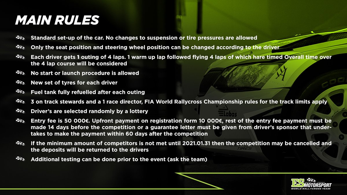 Driver selection for FIA World Rallycross Championship 2021 season.
⠀
☎️ For more information, please contact us via e-mail: wrxdriverselection@esmotorsport.lt or give a call: +37064477772, +37064916000