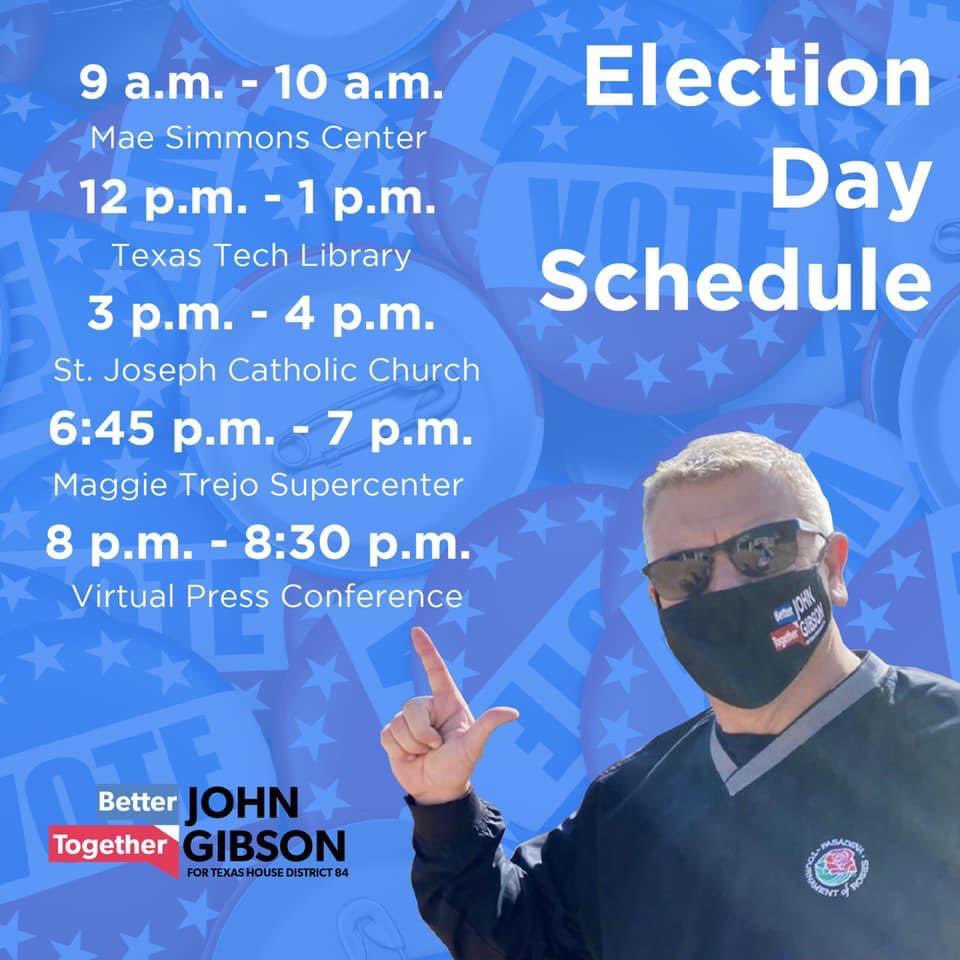 GibsonForTexas's tweet photo. Check out our election day schedule. Remember to mask up, socially distance yourself, and exercise your right to vote! Hope to see you at one of our stops listed below! #Election2020  #Elecciones2020 #ELECTIONDAY #elections #BetterTogether https://t.co/OMQjRycT4S