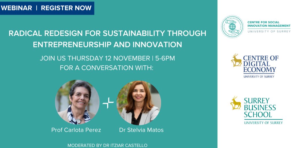 I'm delighted and honoured to participate in this conversation on Sustainability through entrepreneurship and innovation with <a href="/CarlotaPrzPerez/">Carlota Perez</a>, moderated by <a href="/ItziarCA/">Itziar Castello</a>. surrey.ac.uk/events/2020111… pic.x.com/CpCh4d5HEn