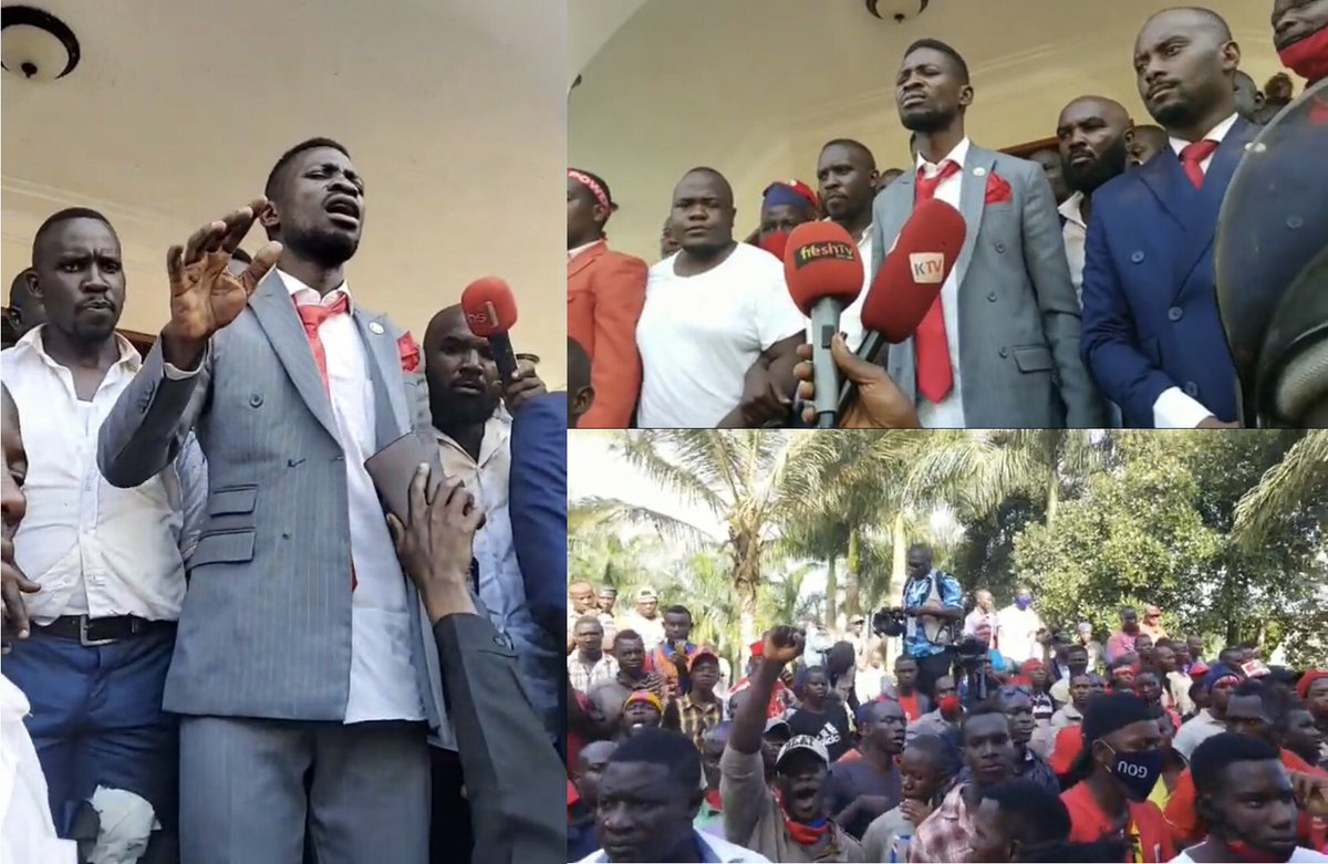 BuffaloSoldierA's tweet image. UPDATE:
Our evidently brutalised president @HEBobiwine has been released from the @PoliceUg vehicle to enter his home in Magere where a crowd of supporters welcomed him.
@eddie_mutwe, @JoelSsenyonyi et al are badly injured
#PeoplePower_OurPower✊
#3rdNovember  #BobiWineNominated