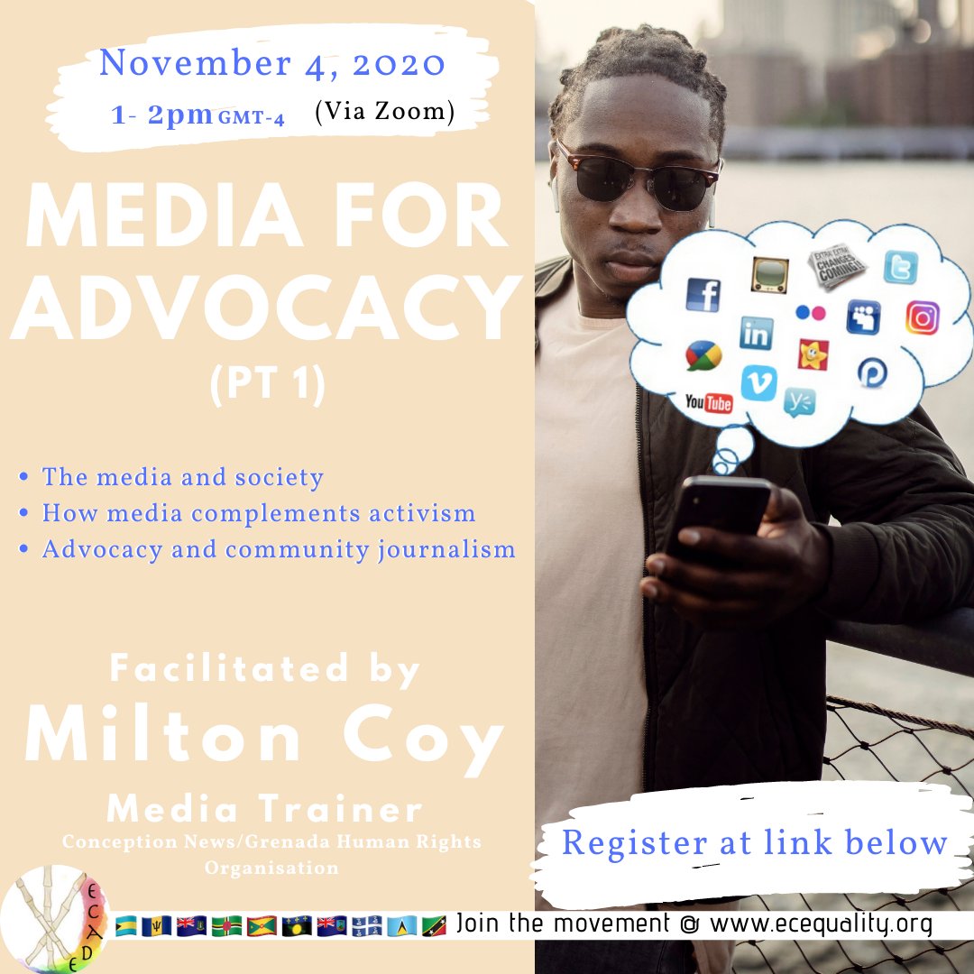 EC_Equality's tweet photo. ‼️*NEW WEBINAR* ‼️
Media for Advocacy 
 - 
Facilitated by Milton Coy, Media Trainer, founder of Human Rights Grenada Inc and Conception News Network!
- 
Register now: https://t.co/6VD7XmtwiW
.
.
.
.
.
.
.
#media #advocacy #mediaadvocacy #activism #caribbean #ecade #lgbt #lgbtq https://t.co/0kUiPWYbBZ