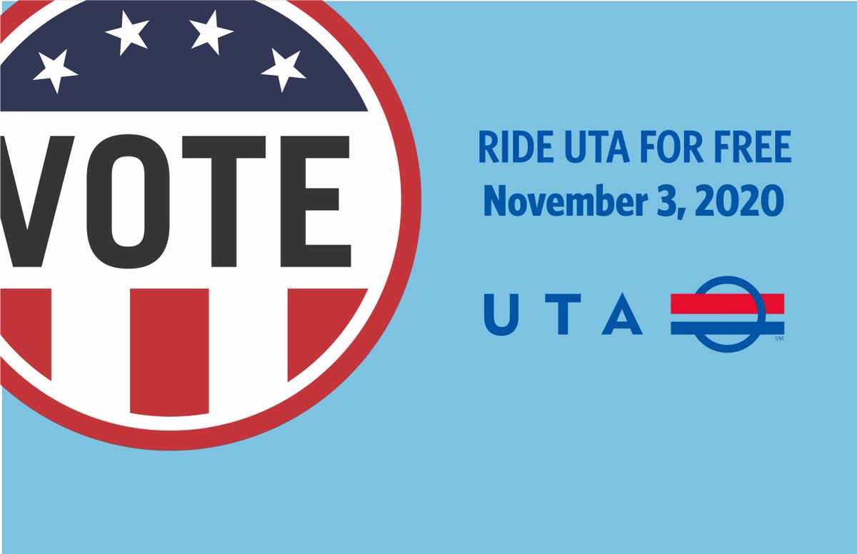 RideUTA's tweet photo. It's Election Day!
Today all @RideUTA services will be free, including Paratransit and #UTAonDemand by Via.
#UTAtoVOTE ☑️
Find out more at https://t.co/D3szVQhWM7 or use @transitapp to find polling places and how to get there via UTA.
#freefare #vote2020 #utahelection #SLC https://t.co/HWFJseCJKt