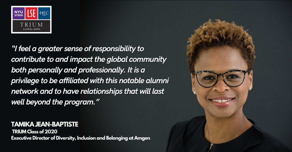 TRIUMEMBA's tweet photo. Hear our amazing Class of 2020 #TRIUMer Tamika Jean-Baptiste discuss life as a recent TRIUM graduate.
https://t.co/dhJxlY6VXN
#executiveeducation #leadershipdevelopment #businessschools #executivemba 
@HECParis @LSEnews @NYUSternExecEd https://t.co/c7Lo23AcGj