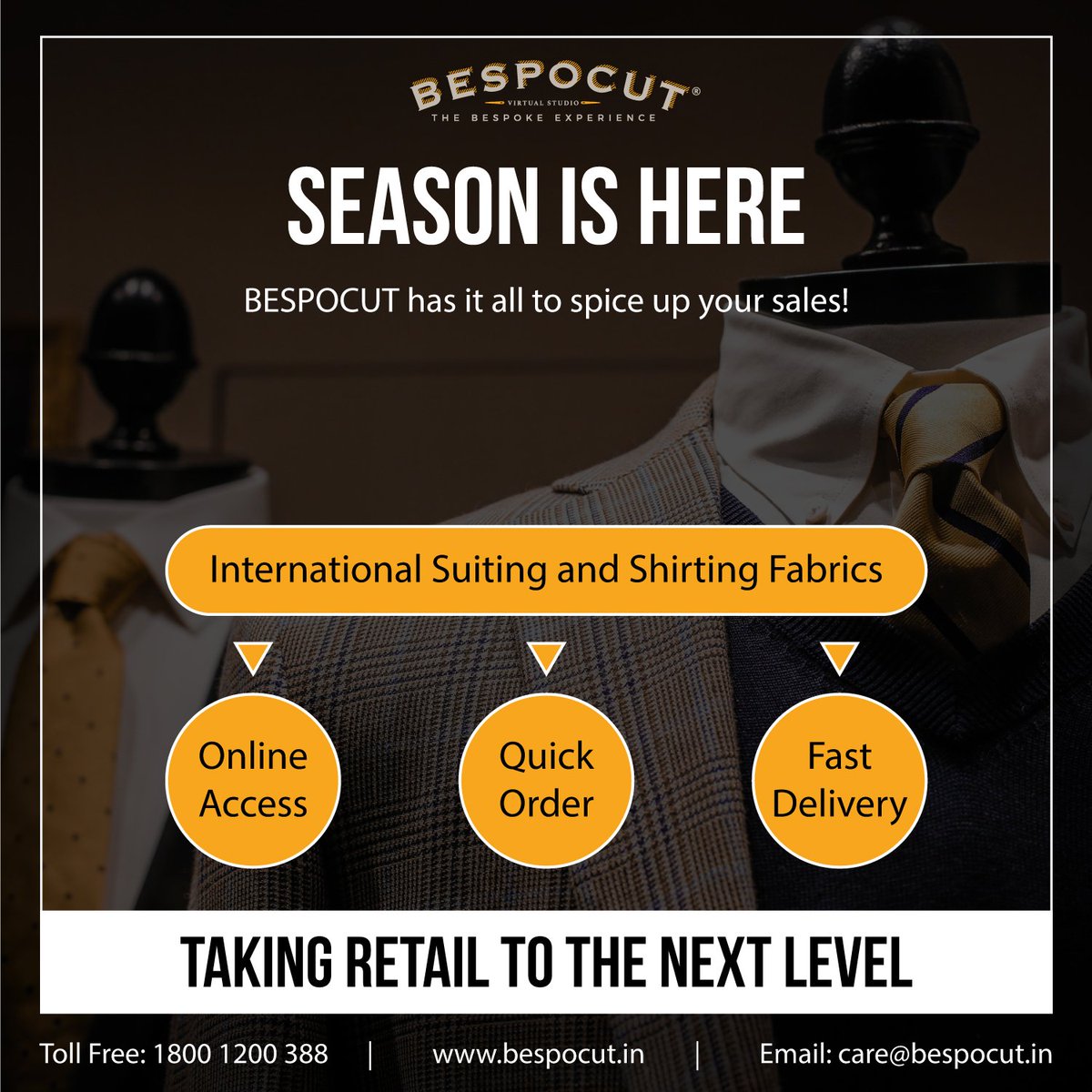 bespocut's tweet photo. Spice up your sales this season with BESPOCUT! 

Join us @ https://t.co/EdZyQA5bPR

To know more, reach us at
https://t.co/AxjAawvQ41
1800-1200-388

#bespocut #bespokeexperience #season #joinus #sales #international #suit #fabric https://t.co/Tjv8eUME6G