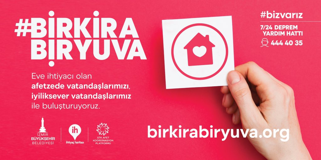 Depremde evlerini kaybeden vatandaşlarımızla onlara destek olmak isteyen kişi ve kurumları birkirabiryuva.org adresinde buluşturuyoruz. #BizVarız diyen kişi veya kurumlar bu adresten kira ya da ev desteğinde bulunabilecek. 

İyilik hareketini büyütme zamanı!