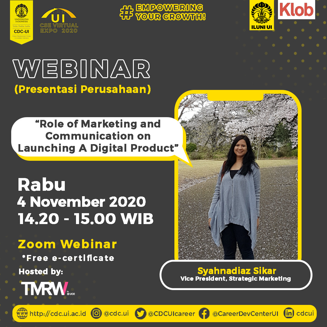 CDCUIcareer's tweet photo. [Webinar D-1: Bagaimana Peran Marketing dan Komunikasi dalam Meluncurkan Produk Digital?]
Link pendaftaran: https://t.co/L5z46CSbgB
Link booking webinar: https://t.co/rYouyBxwpb

UI CSE Virtual Expo 2020
"Empowering Your Growth!"

#UICSEVirtualExpo2020
#UICSE2020
#UIJobExpo https://t.co/3urFeXjWhy