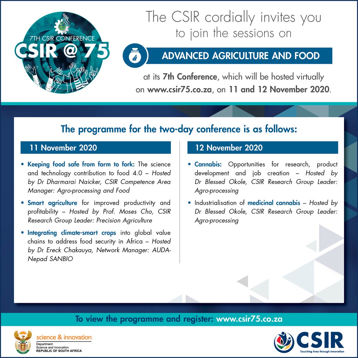 #SaveTheDate <a href="/CSIR/">CSIR 🇿🇦</a> 7th Conference to be hosted virtually on 11 &amp; 12 Nov 2020. Registration is free: csir75.co.za