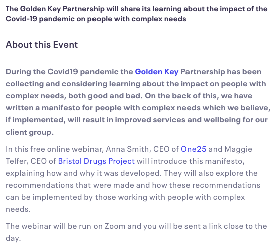 GoldKeyBristol's tweet photo. We are running a free webinar on Nov12 with @One25Charity &amp; @BDProads, introducing our manifesto on the impact of Covid on those with complex needs. 

Sign up via...https://t.co/Nquodi4Khj https://t.co/wXjY1tp0Wh