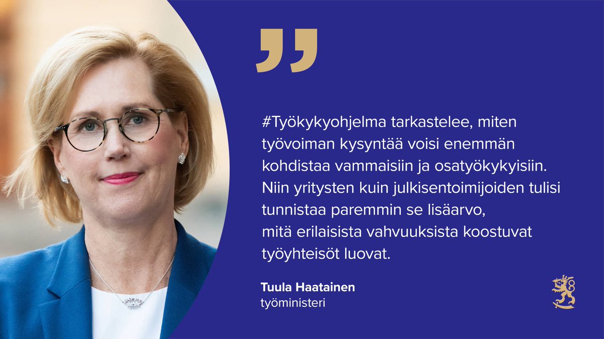 Tänään 3.11. klo 15-17 webinaarissamme työministeri <a href="/TuulaHaatainen/">Tuula Haatainen</a> nosti esiin #työkykyohjelma´n.

🔸Hyppää mukaan webinaariin tai katso myöhemmin tallenteena 👉 mediaserver.fi/live/tem

#työllisyys #yhdenvertaisuus 
<a href="/STM_Uutiset/">Sosiaali- ja terveysministeriö</a> <a href="/SuomenEduskunta/">SuomenEduskunta</a>