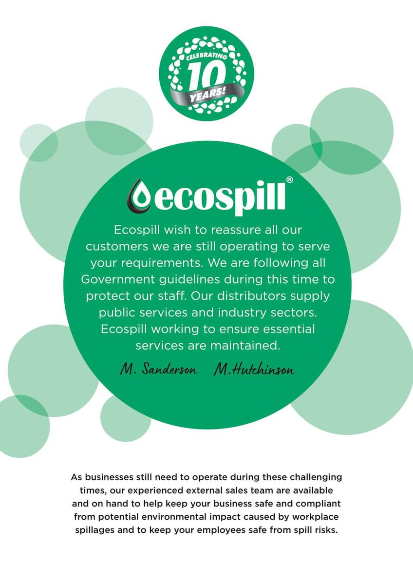 We're still here to keep workplaces in control of spills. We can also deliver training and free site surveys that fit your safety measures.

Download our brochure and our latest flyer for full info ⬇️

ecospill.org.uk/media