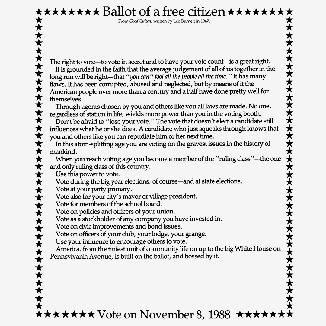 LeoBurnett's tweet photo. This #electionday we’re throwing it back to our founder Leo Burnett’s thoughts from 1947 on the importance of voting in elections large as well as local. Shared with the agency in 1988 and revisited by the team this year, #GoodCitizen reminds us the singular power of the #vote! https://t.co/SdZ5S9r3ex